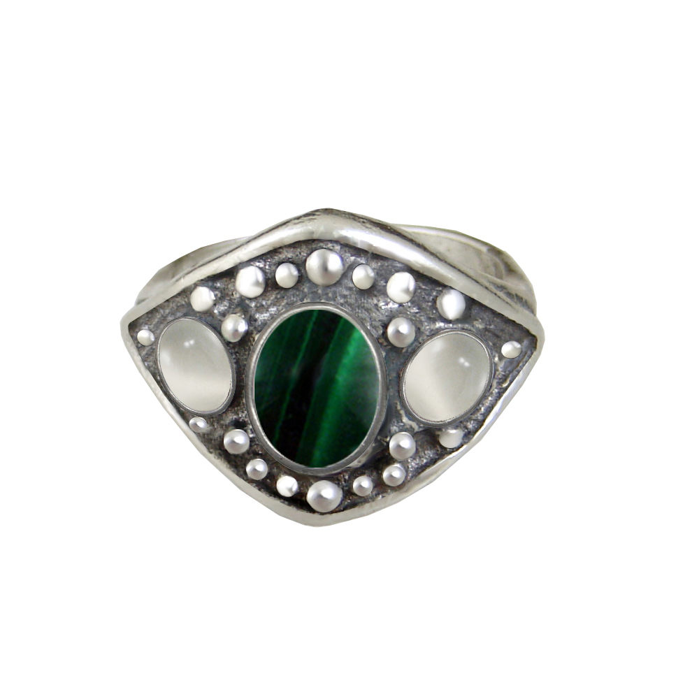 Sterling Silver Medieval Lady's Ring with Malachite And White Moonstone Size 9